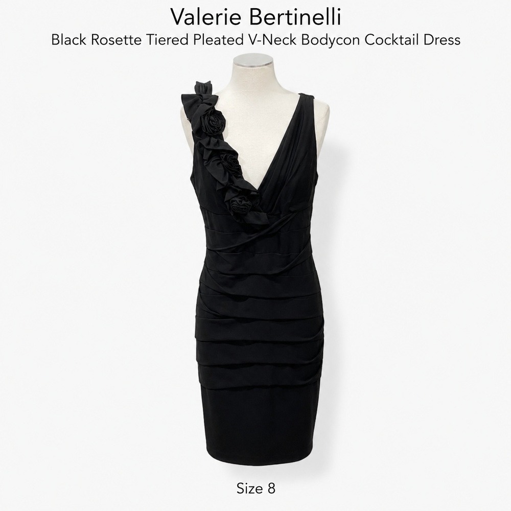Valerie Bertinelli Black Rosette Tiered Pleated V-Neck Bodycon Cocktail Dress 8